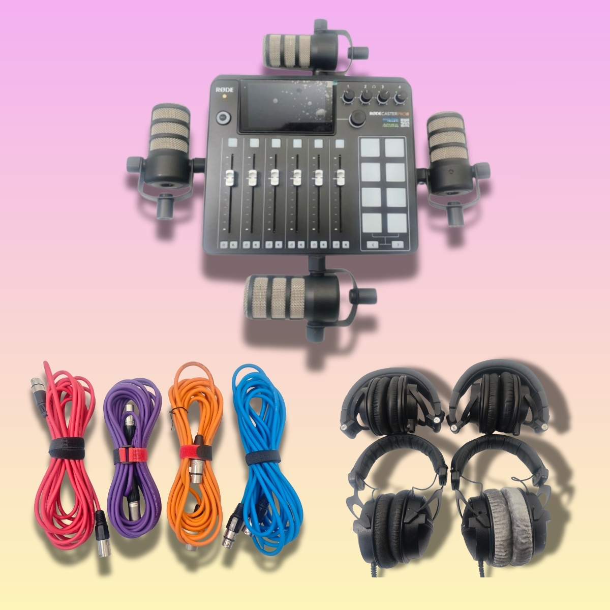 Podcast-Audio-Kit mit RØDECaster, vier Podmic, zwei Audio Technika ATH-M50x und beyerdynamic zum Mieten