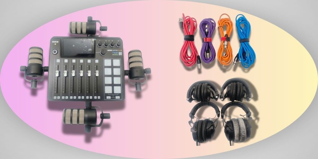 Podcast-Audio-Kit mit RØDECaster, vier Mikrofonen und Kopfhörern zum Mieten