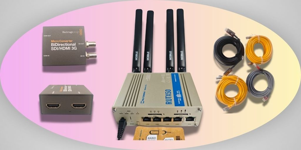Netzwerk-/Streaming-Zubehör mit RUTX50 Router, SDI/HDMI-Konvertern und LAN-Kabeln