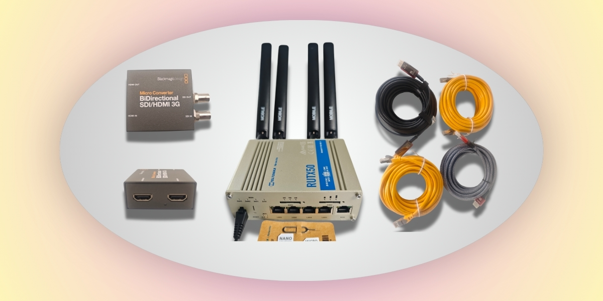 Netzwerk-/Streaming-Zubehör mit RUTX50 Router, SDI/HDMI-Konvertern und LAN-Kabeln